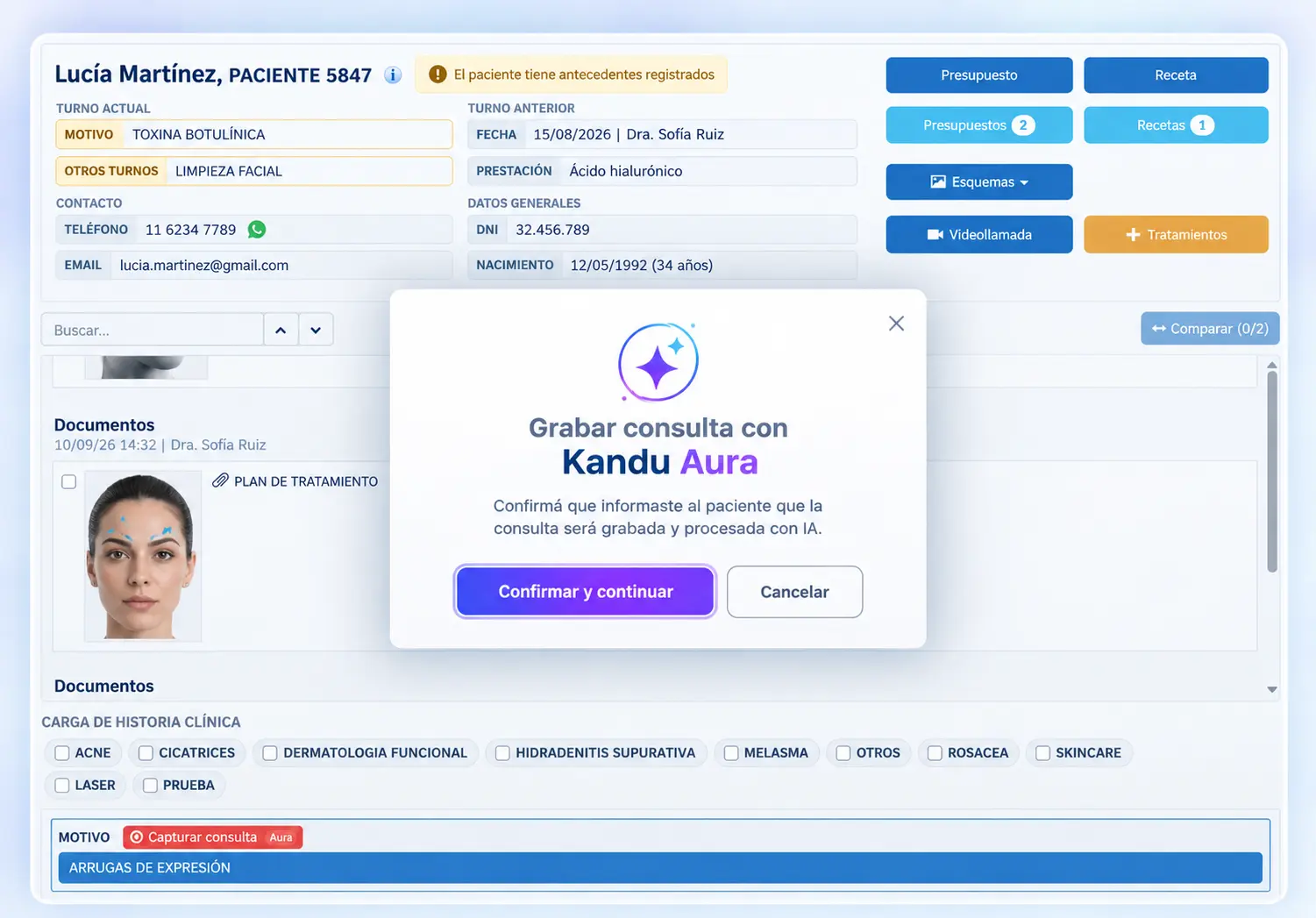 Kandu Aura integrado a la historia clínica para iniciar la captura de una consulta